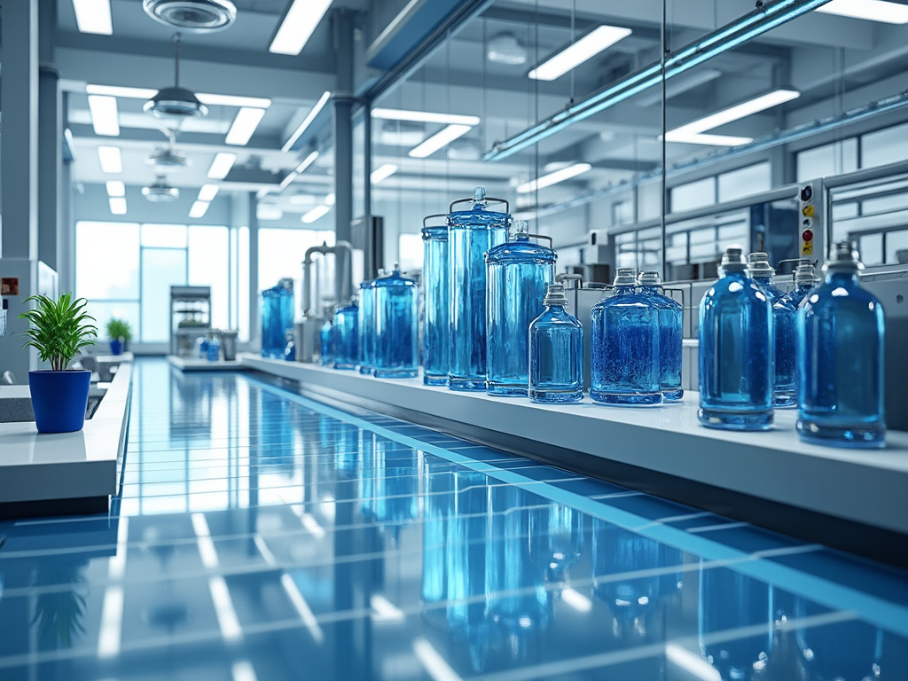 Interior de una moderna planta de producción con envases de vidrio azul sobre una cinta transportadora y una planta decorativa.