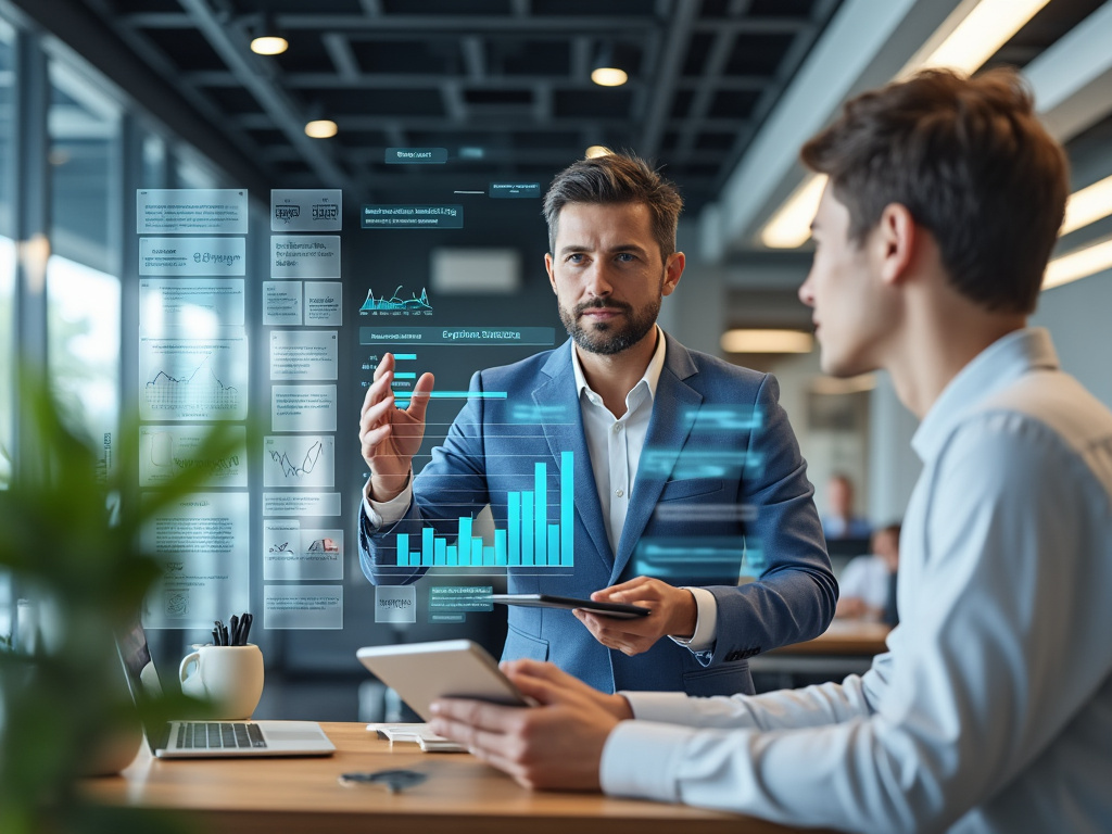 Dos hombres en una reunión de negocios analizando gráficos digitales interactivos en una oficina moderna.