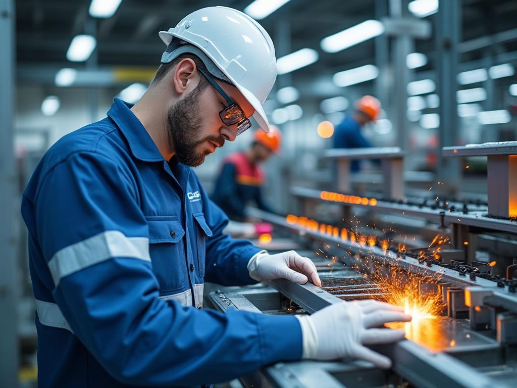 Trabajador con casco y gafas de seguridad operando maquinaria en fábrica de metal, con chispas volando.