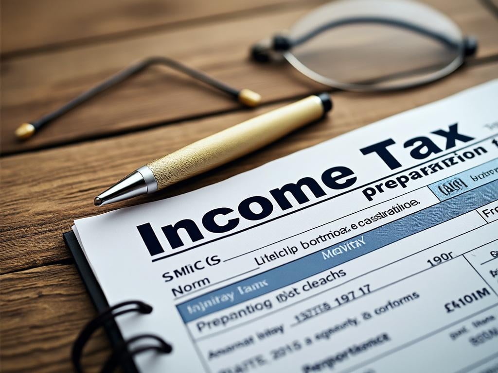 Close-up of an income tax preparation form with a pen and glasses on a wooden desk.