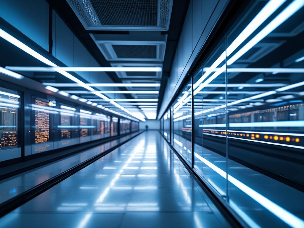 Corredor futurista iluminado con luces LED azules y paneles de vidrio.