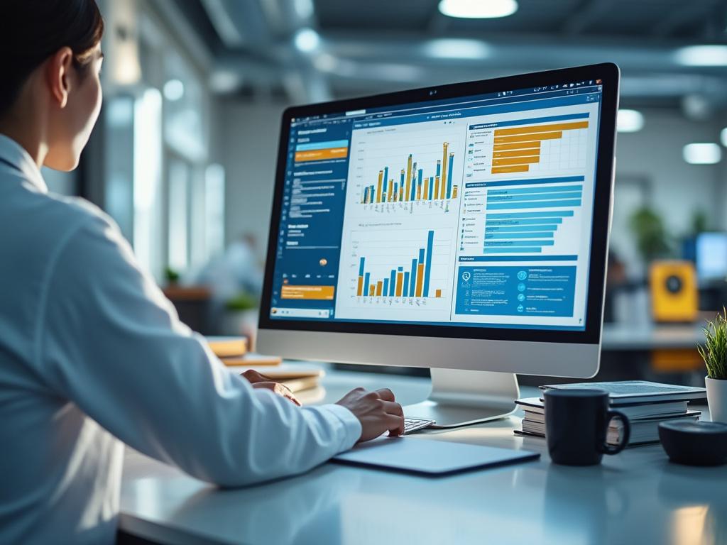 Persona trabajando en computadora con gráficos y datos en pantalla en una oficina moderna.