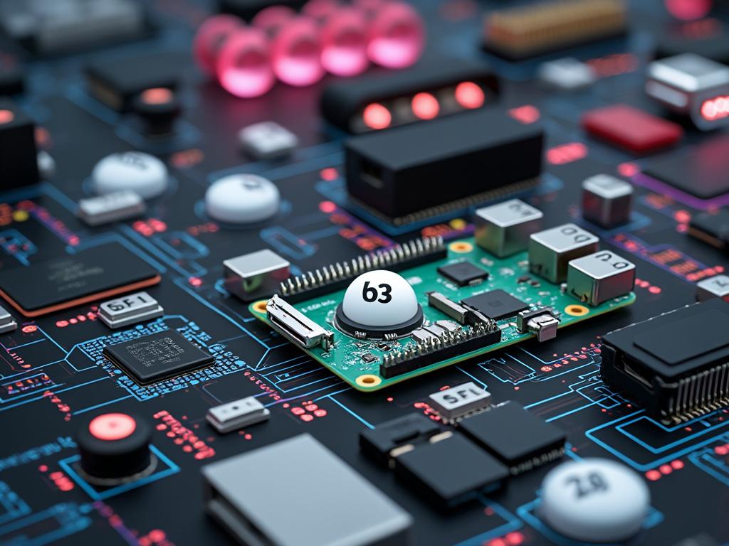 Close-up of a complex electronic circuit board with microchips, capacitors, and integrated circuits on a blue background.
