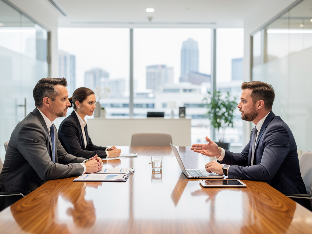 Business professionals in suits discussing a corporate meeting at a conference table in a modern office