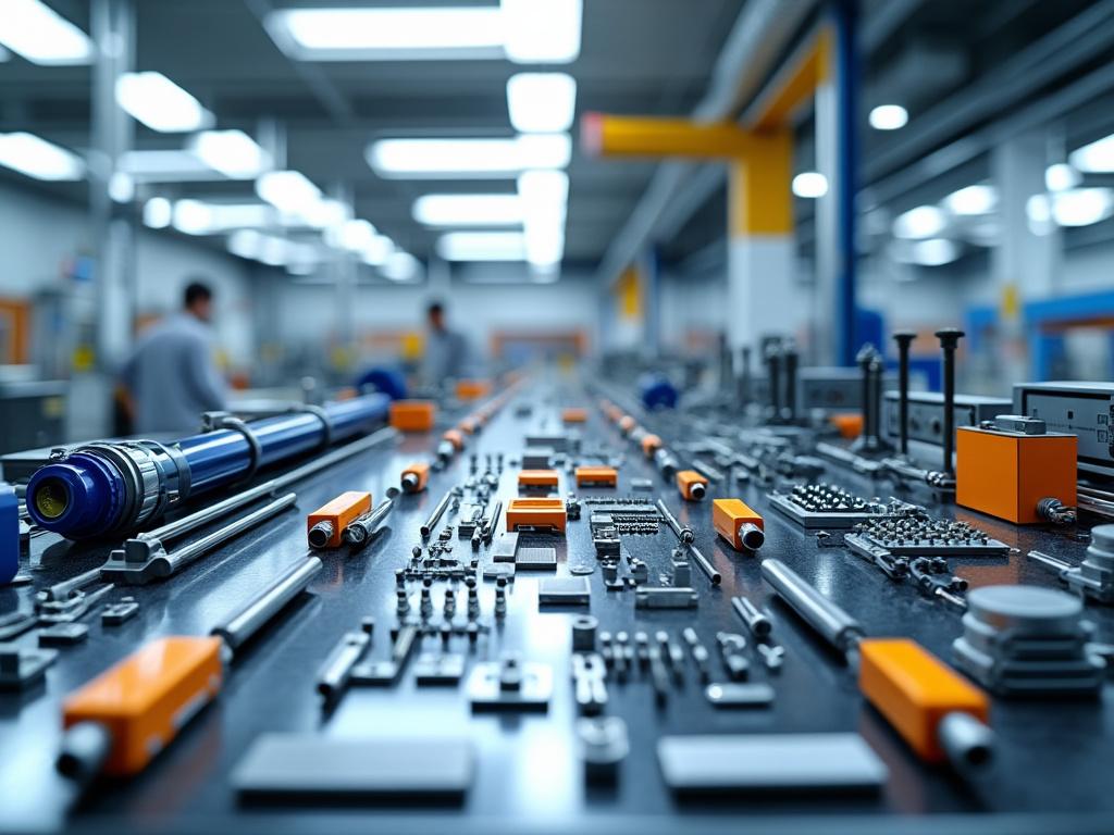 Mesa de trabajo en una fábrica con herramientas y componentes metálicos, fondo desenfocado con trabajadores.