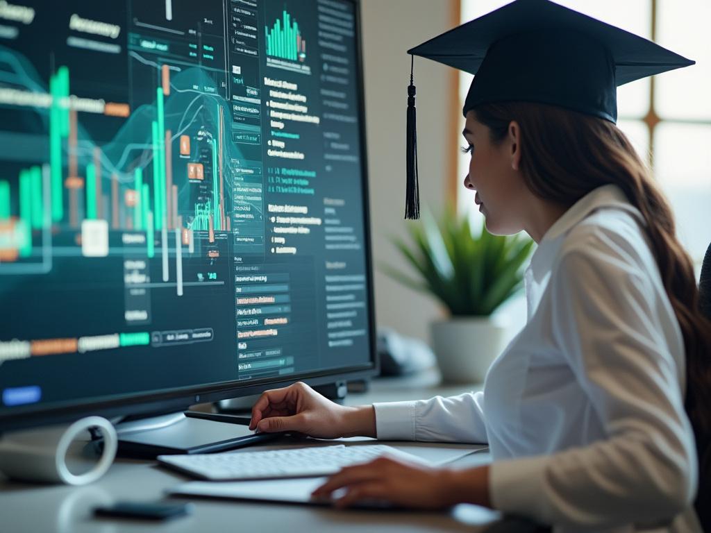 Mujer joven con birrete observando gráficos financieros en una pantalla de computadora en un entorno de oficina.