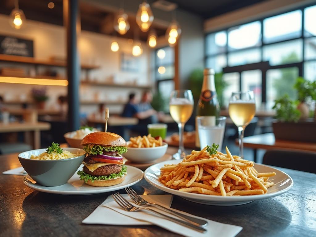 Restaurant setting with a gourmet burger, fries, and wine glasses on a table.