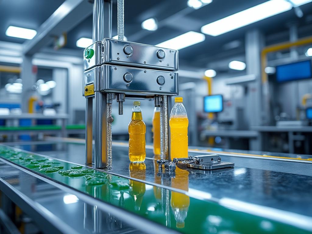 Línea de producción en fábrica con botellas de plástico llenas de líquido amarillo en una cinta transportadora.
