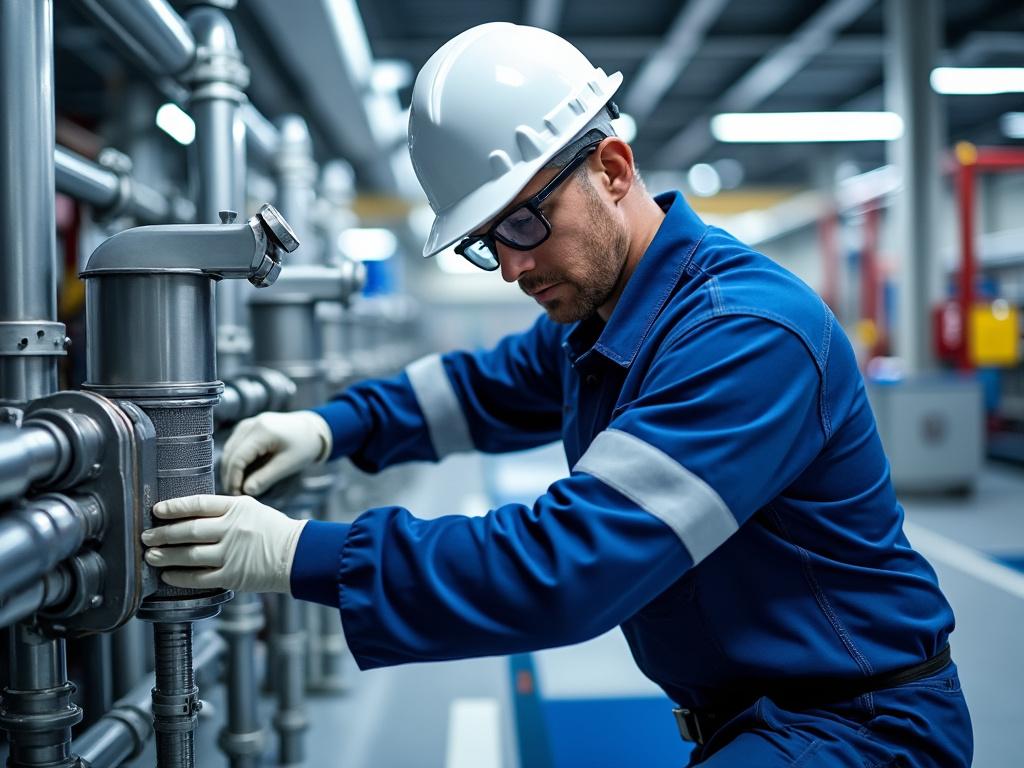 Trabajador en planta industrial con casco y guantes ajustando una válvula.