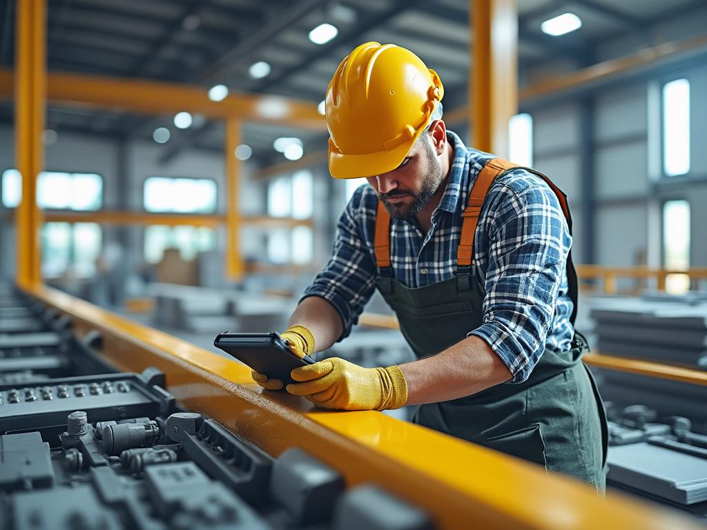 Trabajador de fábrica con casco amarillo usando una tablet en un entorno industrial.
