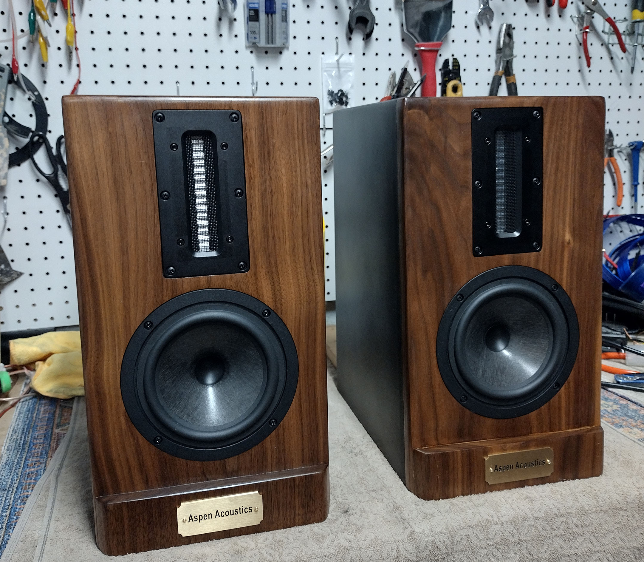 Pair of wooden bookshelf speakers with black woofers and silver tweeters in a modern audio room