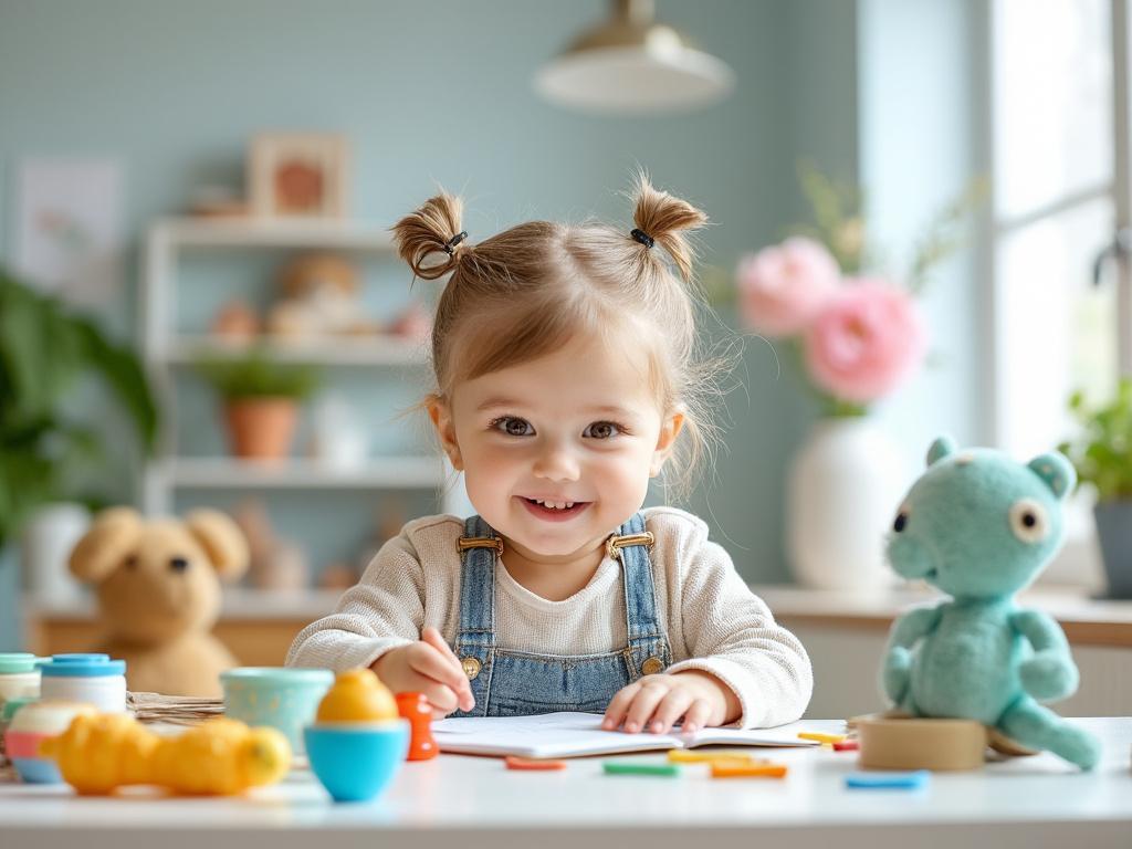 Niña sonriendo mientras dibuja en una mesa con juguetes y peluche en una habitación luminosa.