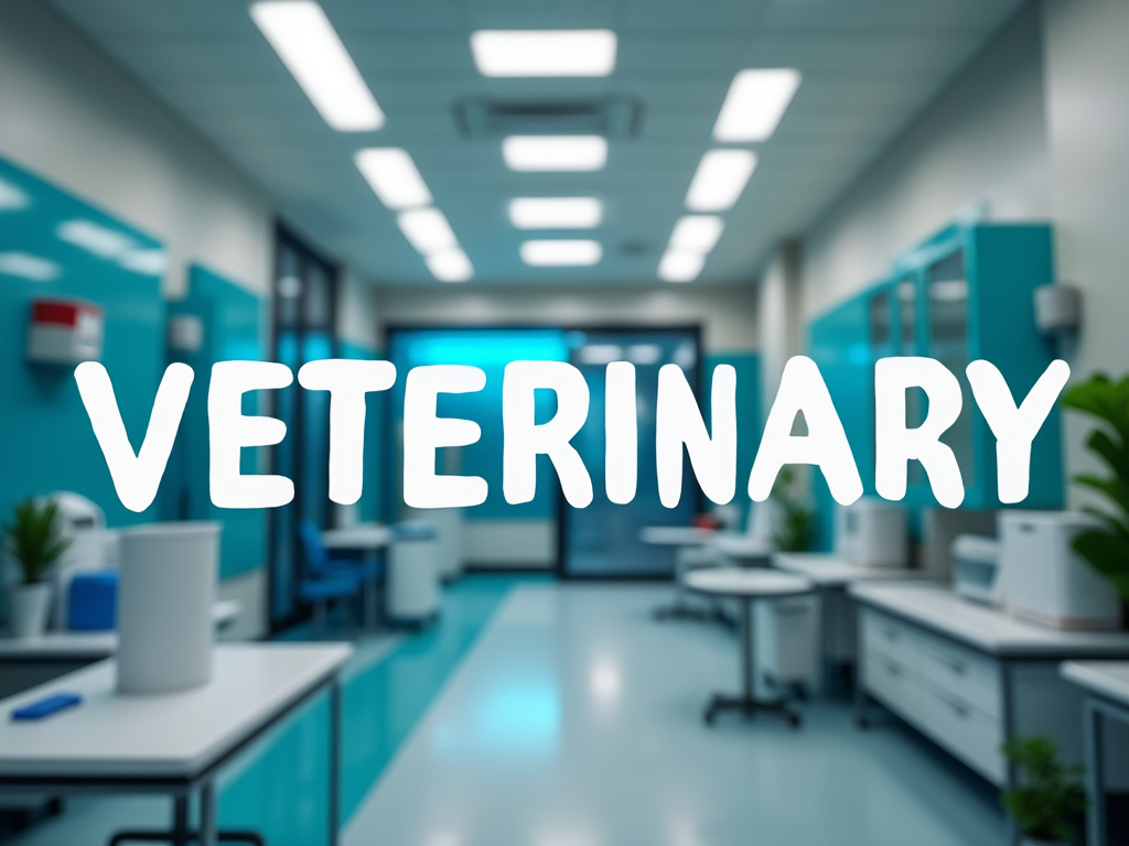 Interior de clínica veterinaria moderna con equipos médicos y decoración azul. Interior de clínica veterinaria moderna con equipos médicos y decoración azul.