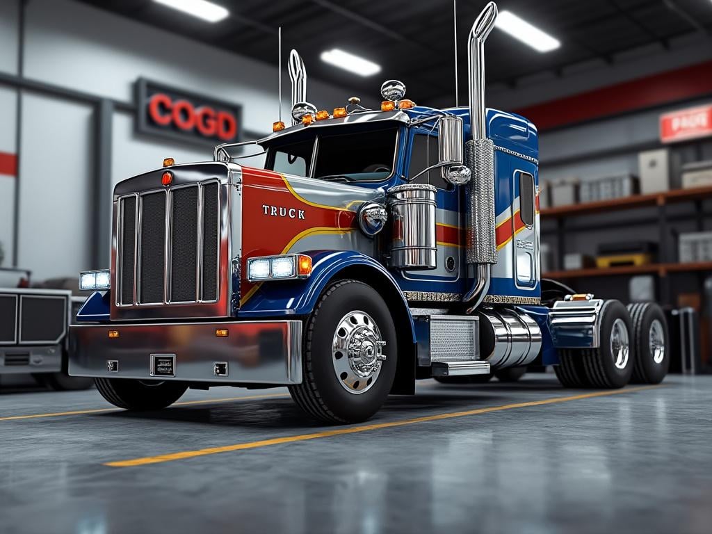 Shiny blue and chrome semi-truck inside a garage with shelving and signage in the background.