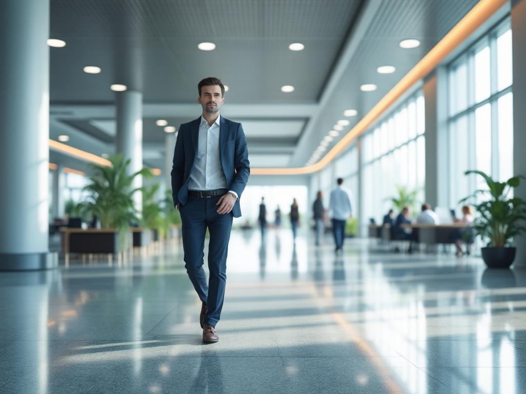 Hombre de traje caminando por un moderno pasillo de oficina, rodeado de plantas y personas al fondo. Hombre de traje caminando por un moderno pasillo de oficina, rodeado de plantas y personas al fondo.