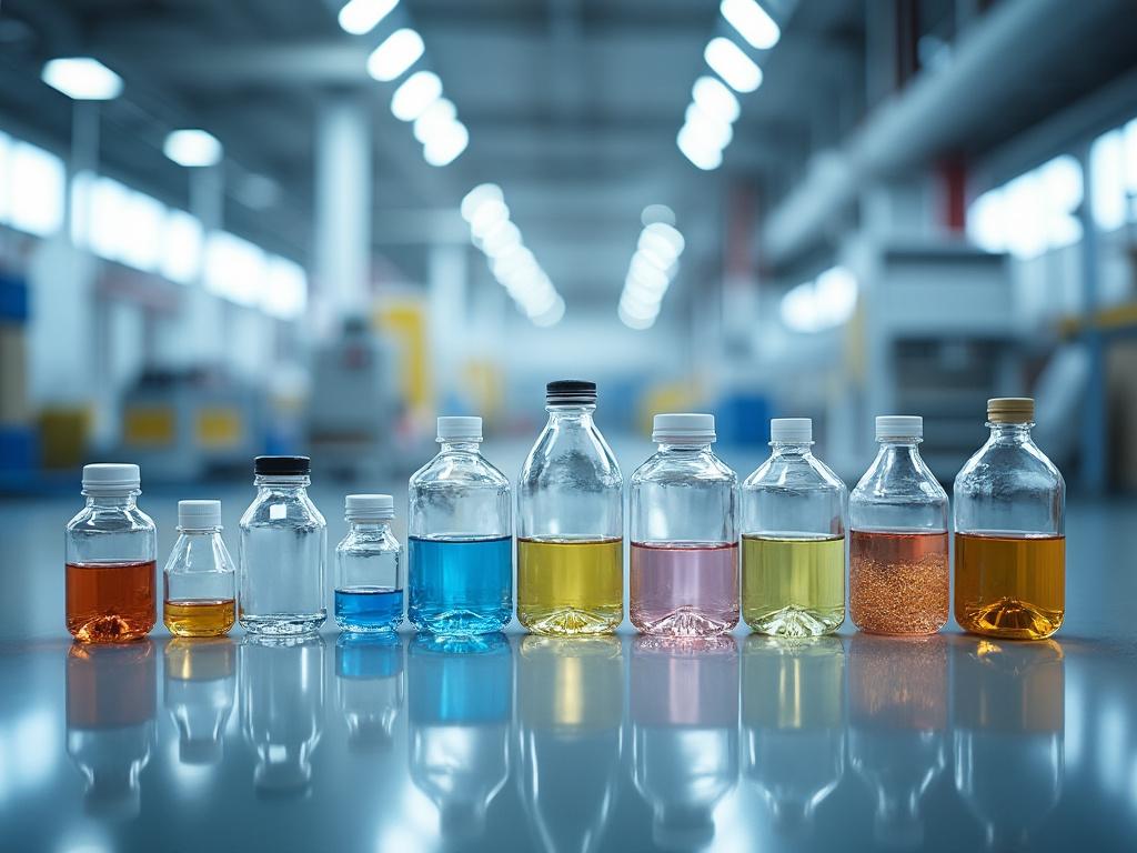 Frascos de laboratorio llenos de líquidos coloridos en un entorno industrial moderno.