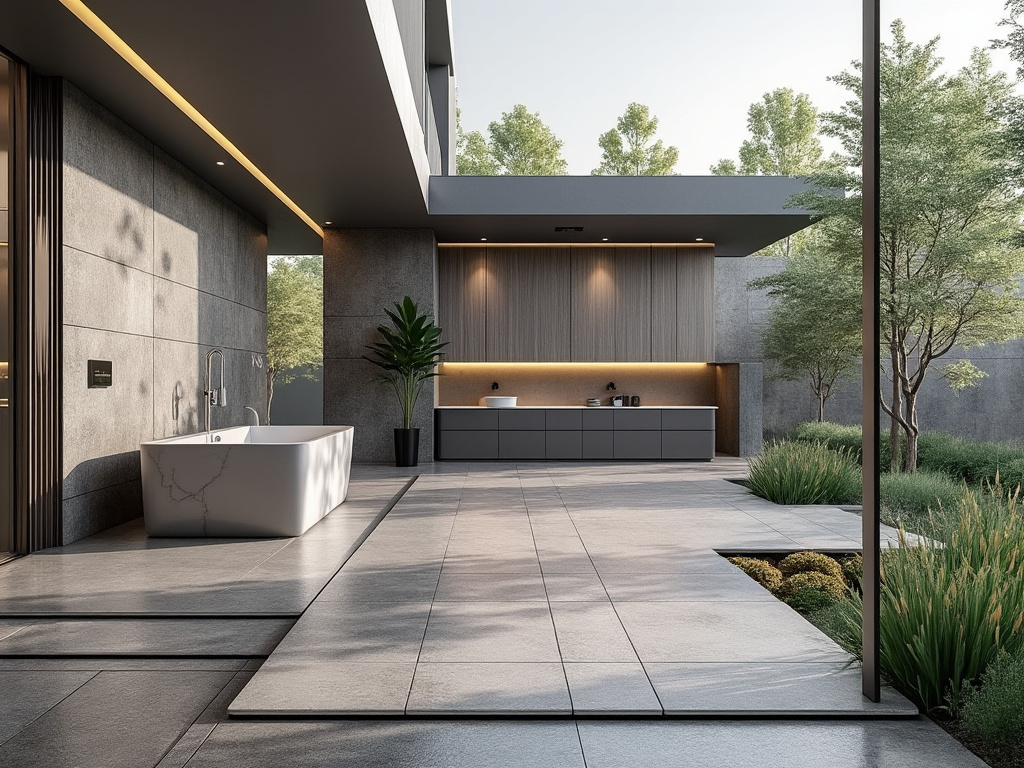 Modern luxury outdoor patio with freestanding bathtub, sleek kitchen cabinetry, stone tiles, and landscaped garden