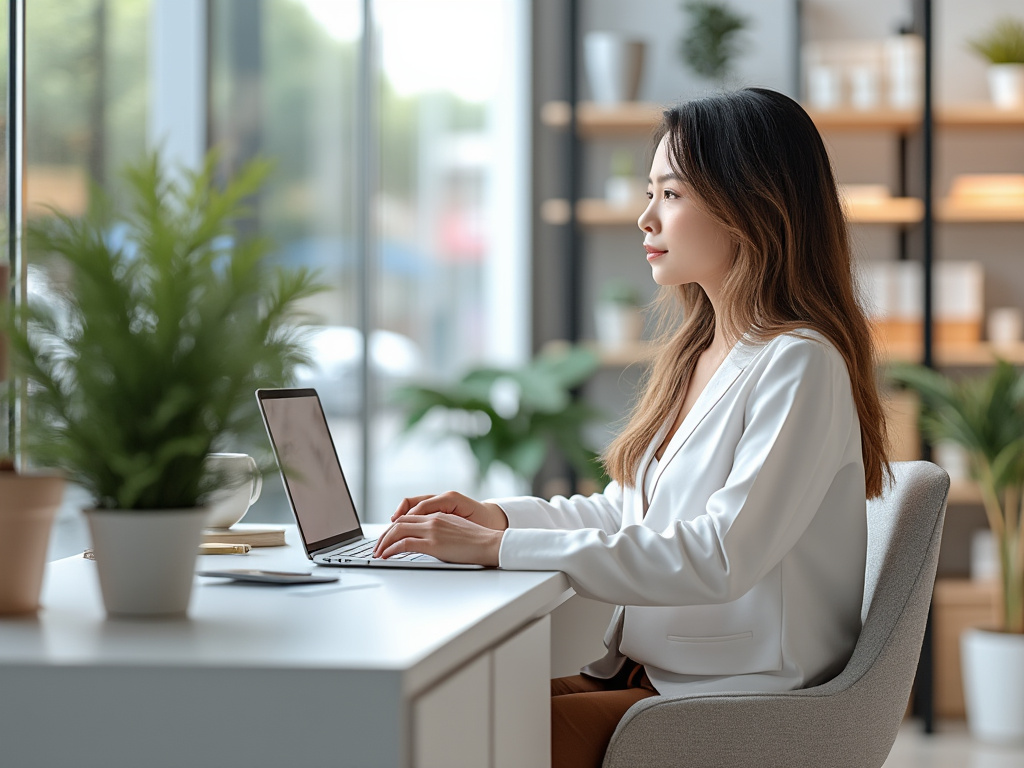 Mujer trabajando en una oficina moderna con una laptop, rodeada de plantas y estanterías. Mujer trabajando en una oficina moderna con una laptop, rodeada de plantas y estanterías.