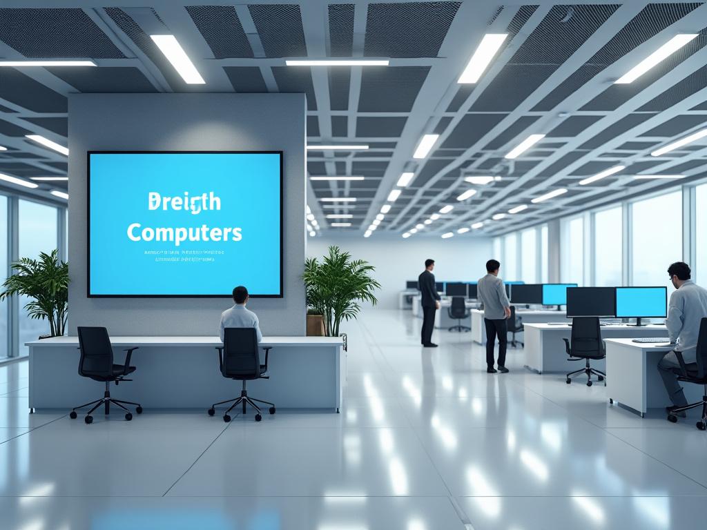 Moderna oficina con estaciones de trabajo, pantallas azules y planta decorativa, logotipo de Dreigth Computers en la pared.