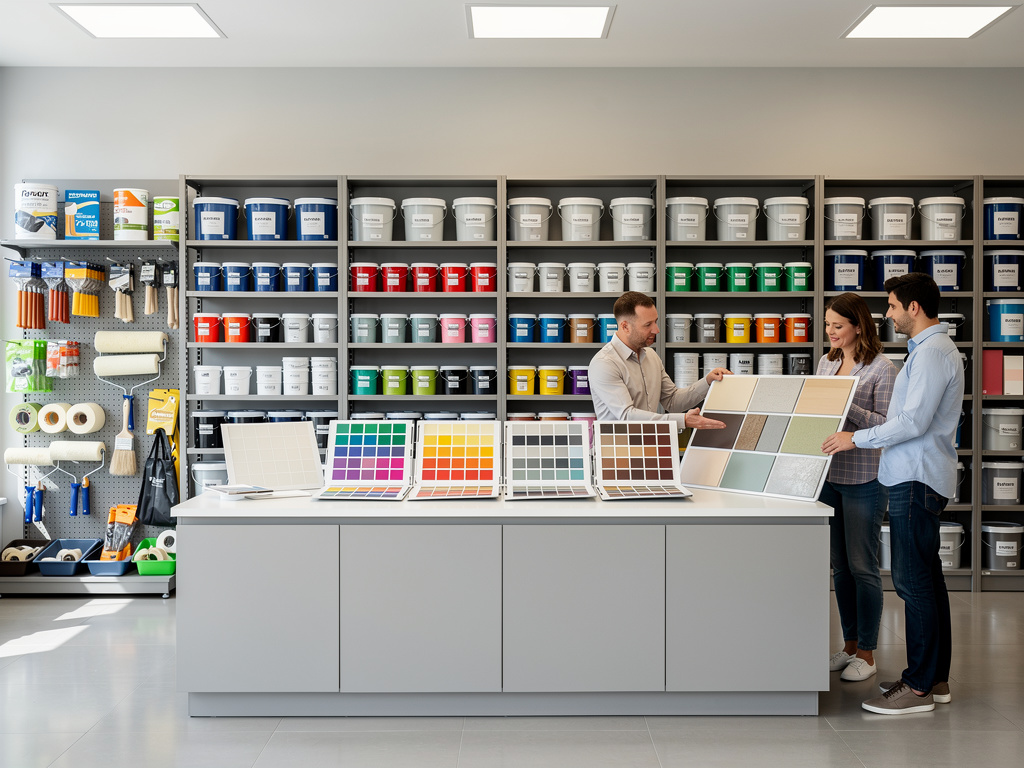 Clientes eligiendo colores de pintura en tienda con muestras, botes de pintura y herramientas de decoración