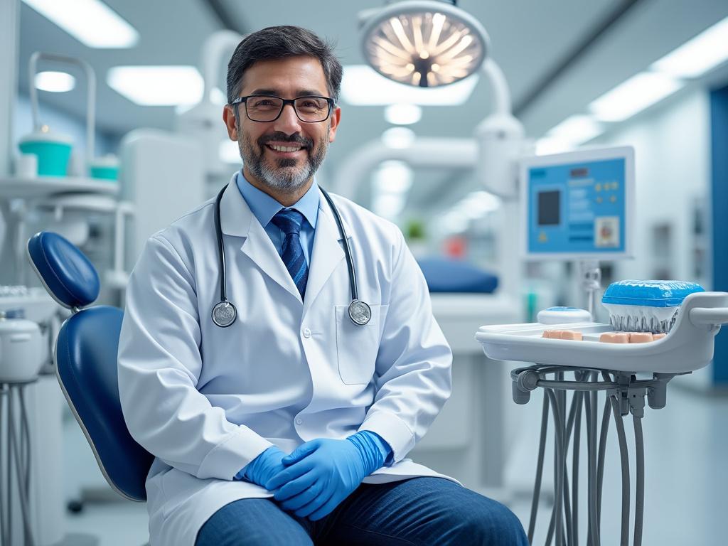 Dentista sonriendo con bata blanca y guantes azules en una clínica dental, con equipo odontológico en el fondo.