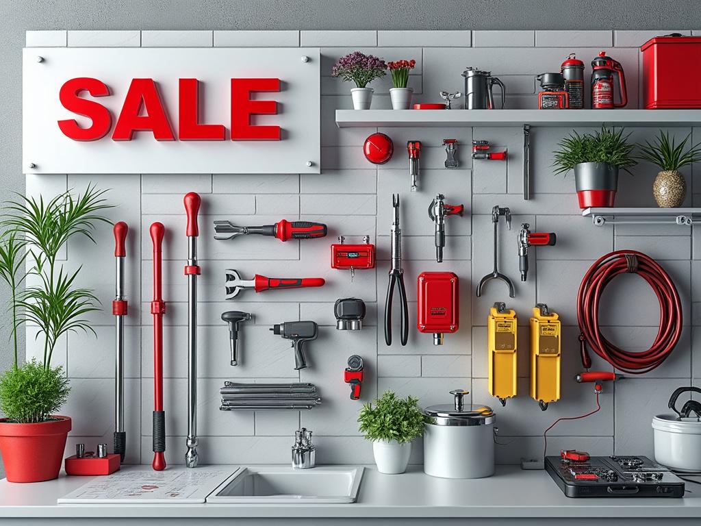 Pared de herramientas organizadas con planta decorativa, cartel de oferta rojo y accesorios de cocina en una estantería.