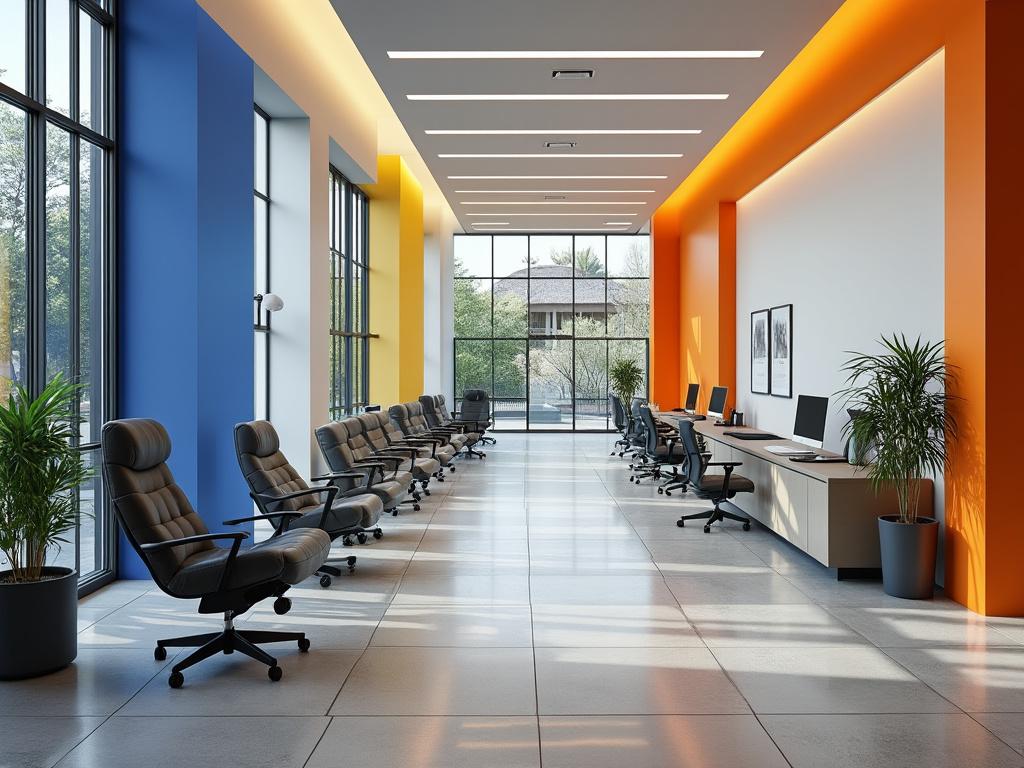 Modern office space with colorful walls, ergonomic office chairs, large windows, and computers on desks.