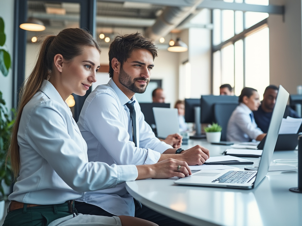 Two professionals working on laptops in a modern office environment with colleagues in the background.