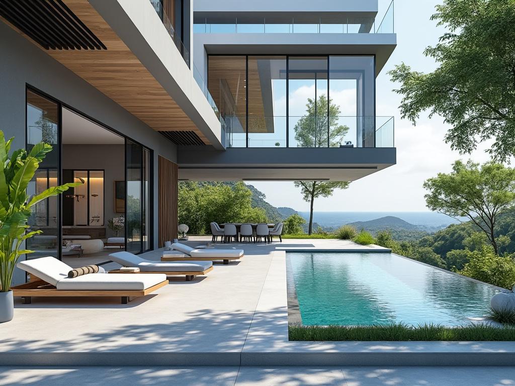 Moderna casa de lujo con piscina infinita, terraza con tumbonas y vistas panorámicas al paisaje verde y montañoso.