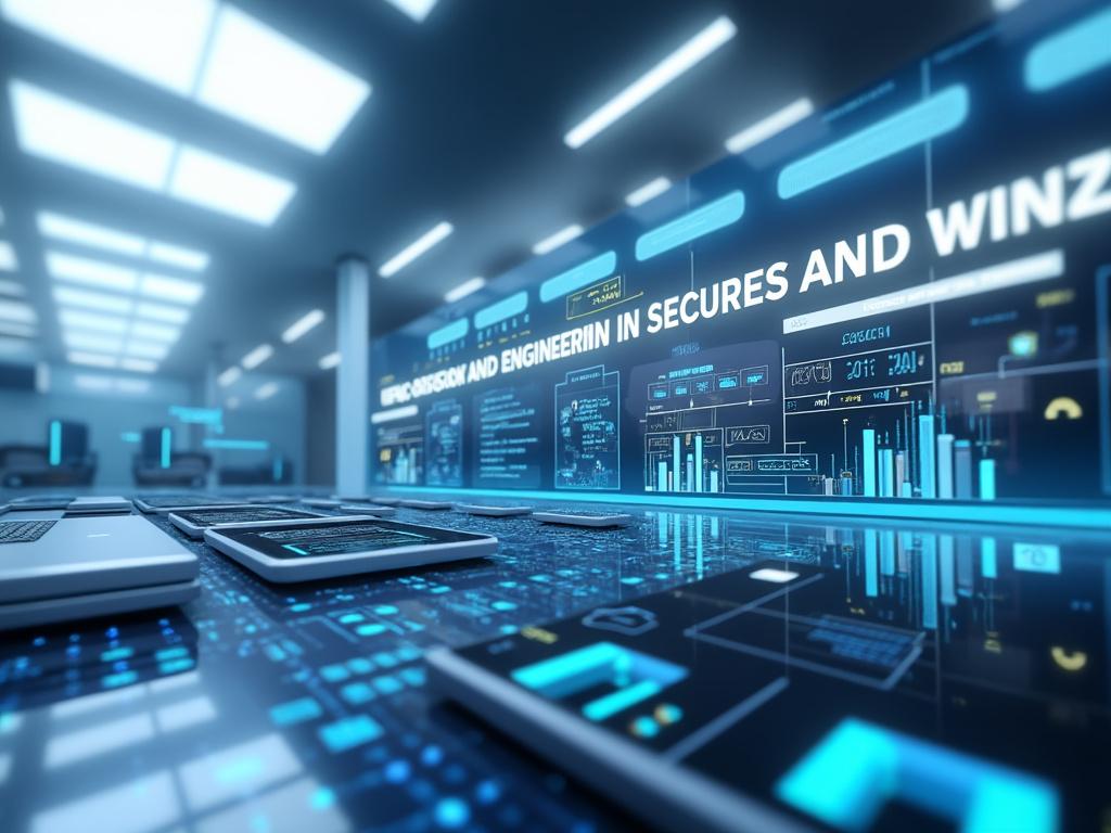 Oficina moderna con tecnología avanzada y múltiples pantallas digitales.