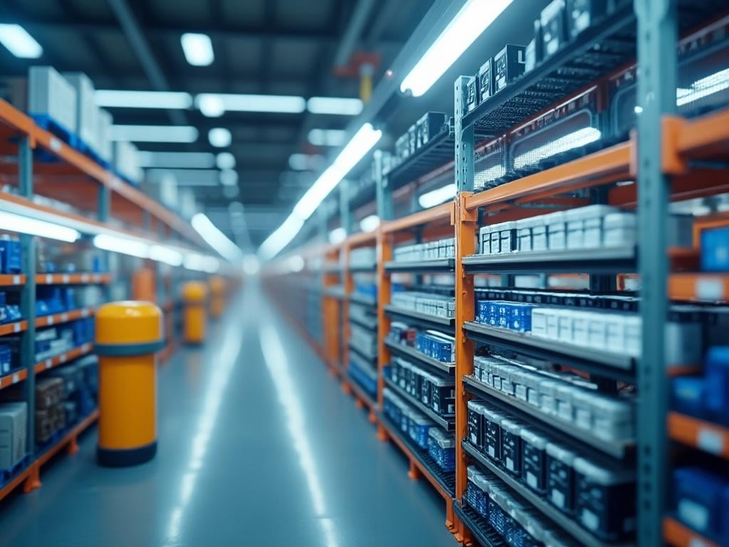 Spacious modern warehouse with organized rows of shelves and fluorescent lighting.