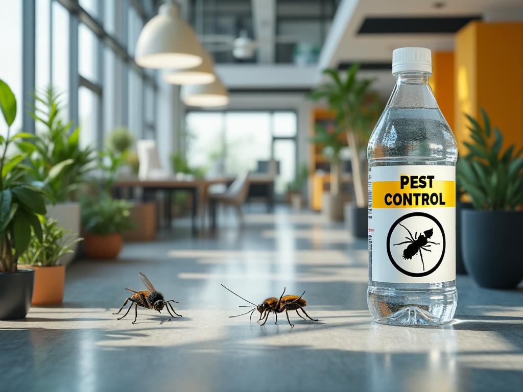 Botella de control de plagas en una oficina moderna con plantas y luz natural, junto a dos insectos en el suelo.