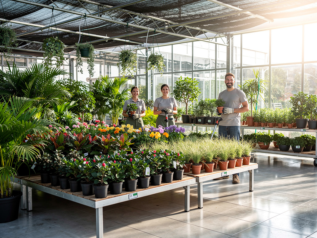 Vivero interior luminoso con jardineros y variedad de plantas en macetas y flores