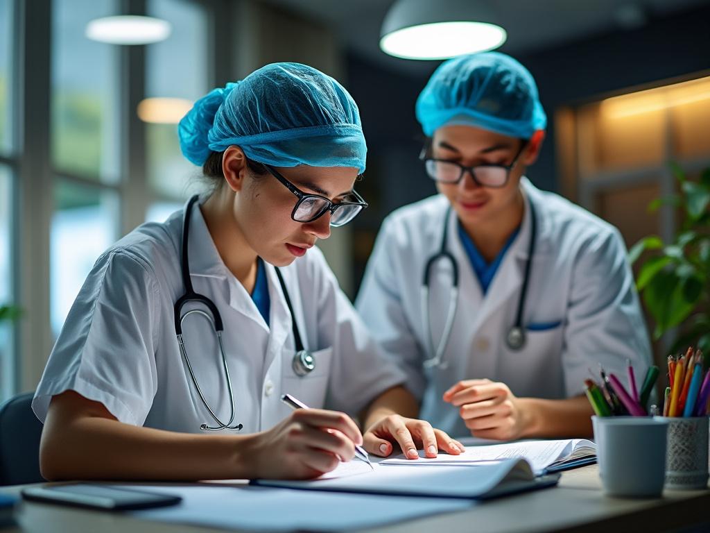 Dos médicos con estetoscopios, usando cofias azules, revisan documentos en una oficina iluminada.