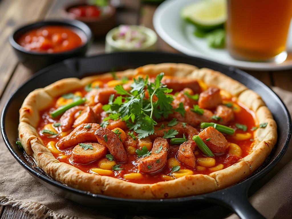 Pizza en sartén de hierro con salchichas, maíz, salsa de tomate y cilantro, acompañada de salsa y bebida al fondo.