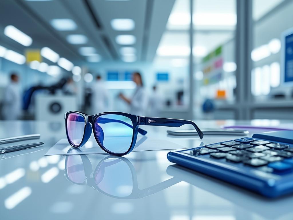Gafas de sol azules sobre una mesa blanca con calculadora y plumas, fondo difuminado de una oficina moderna.