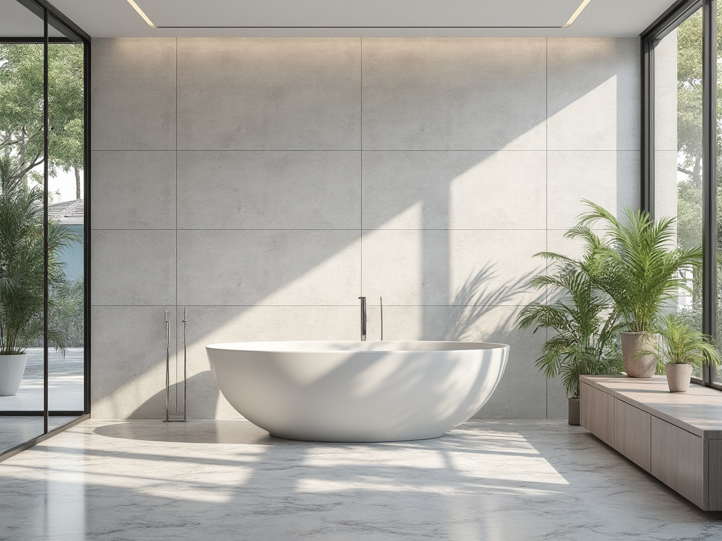 Baño moderno con bañera independiente, rodeada de grandes ventanales y plantas verdes, creando un ambiente relajante.