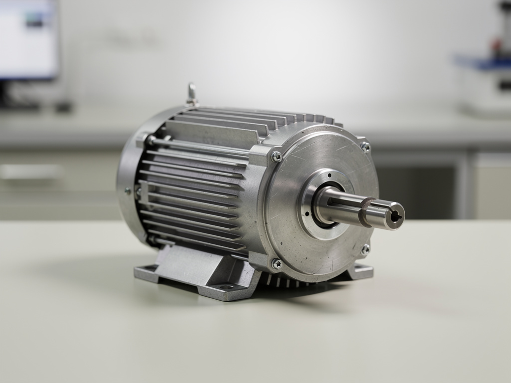 Motor eléctrico industrial de metal con eje expuesto sobre mesa de laboratorio