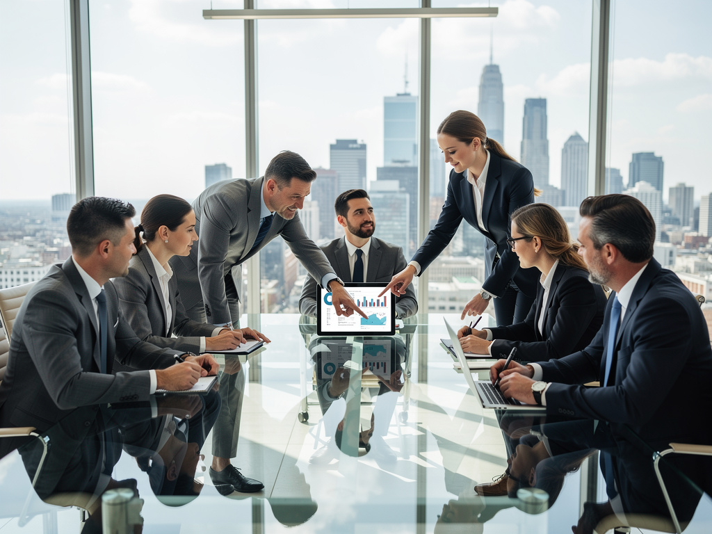 Business executives in a modern conference room reviewing financial charts on a tablet with city skyline view