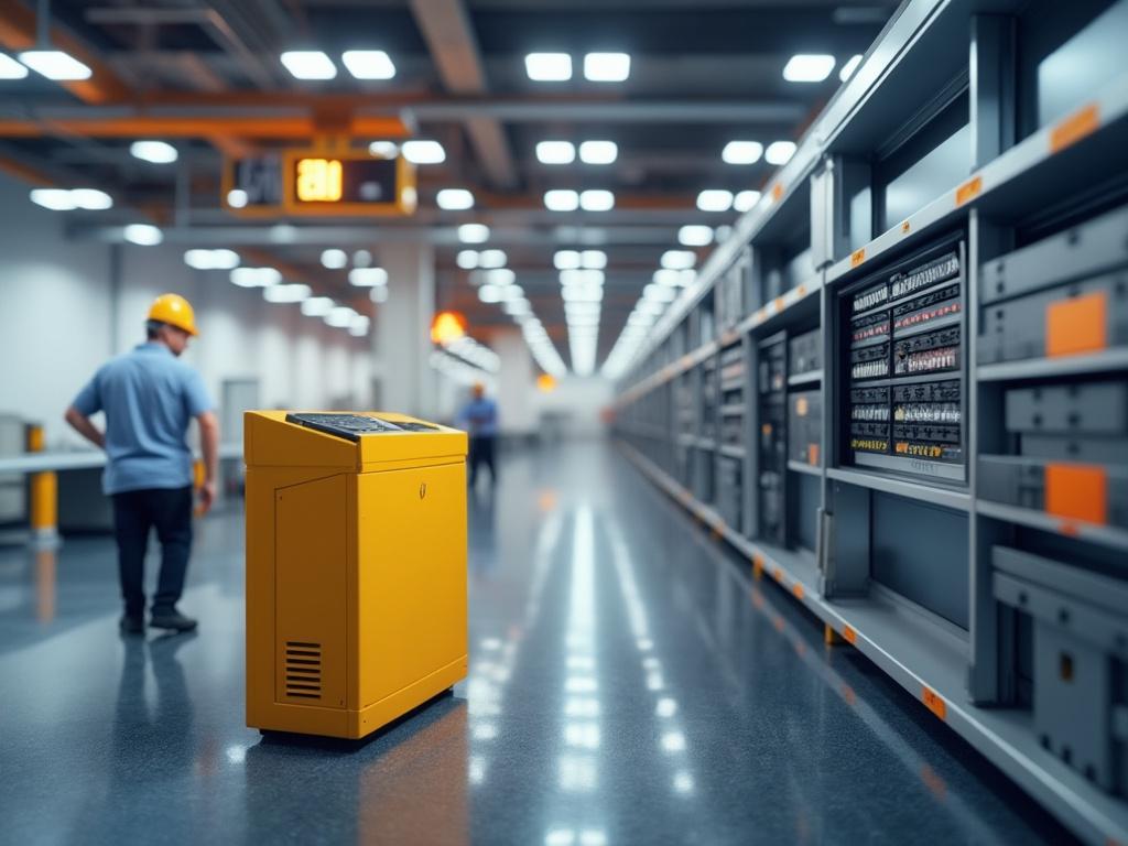 Modern industrial warehouse with bright lighting, yellow control panel in foreground, and worker in safety gear.