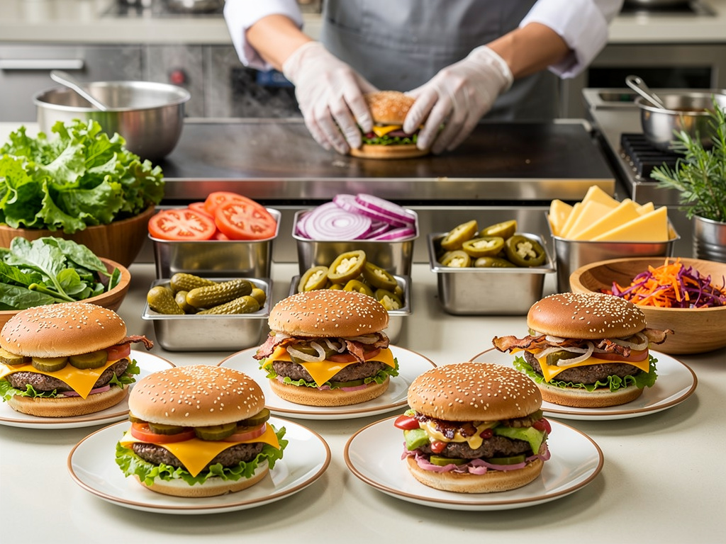 Chef preparando hamburguesas gourmet con queso, tocino y verduras frescas en cocina profesional