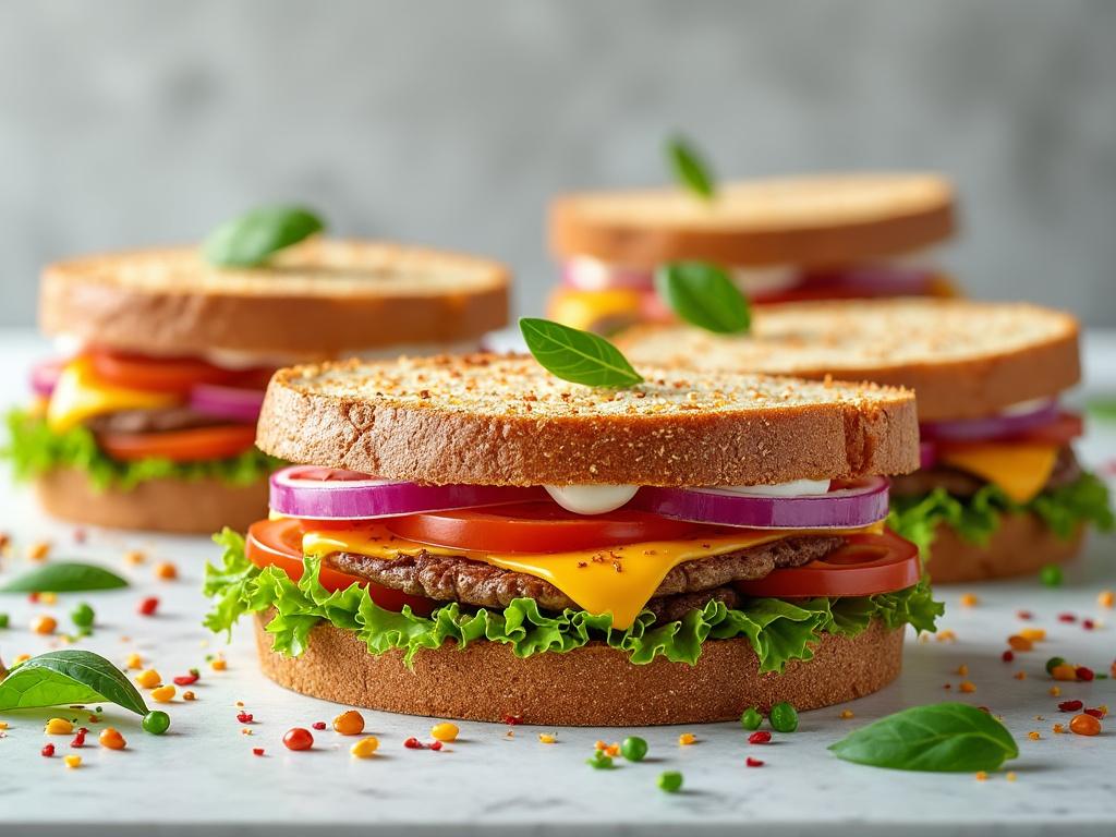 Sándwiches gourmet con lechuga, tomate, cebolla roja, queso cheddar y carne, adornados con hojas de albahaca sobre una mesa blanca.