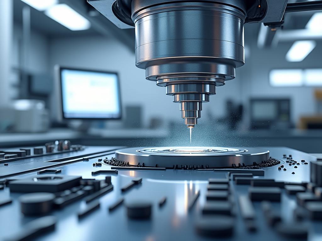 Close-up of a CNC machine operating in a high-tech factory with a drill hovering above a metal disc, surrounded by blurred background screens and equipment.
