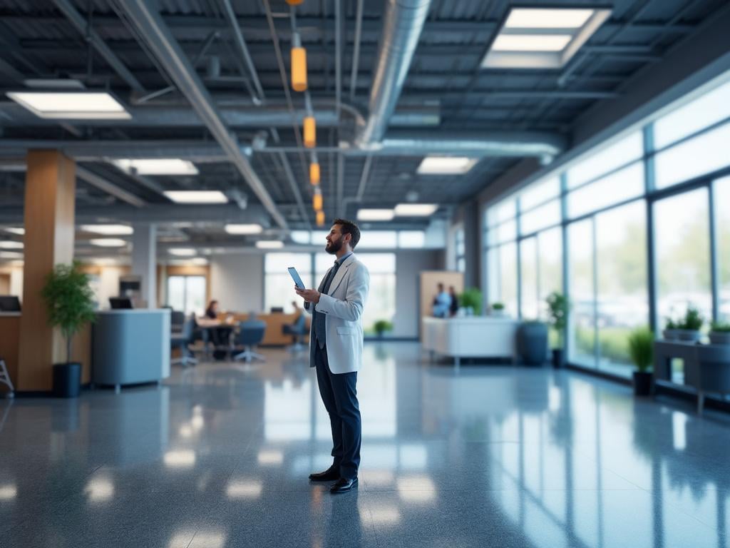 Businessman in a modern open office with large windows, holding a tablet, surrounded by plants and colleagues working in the background.