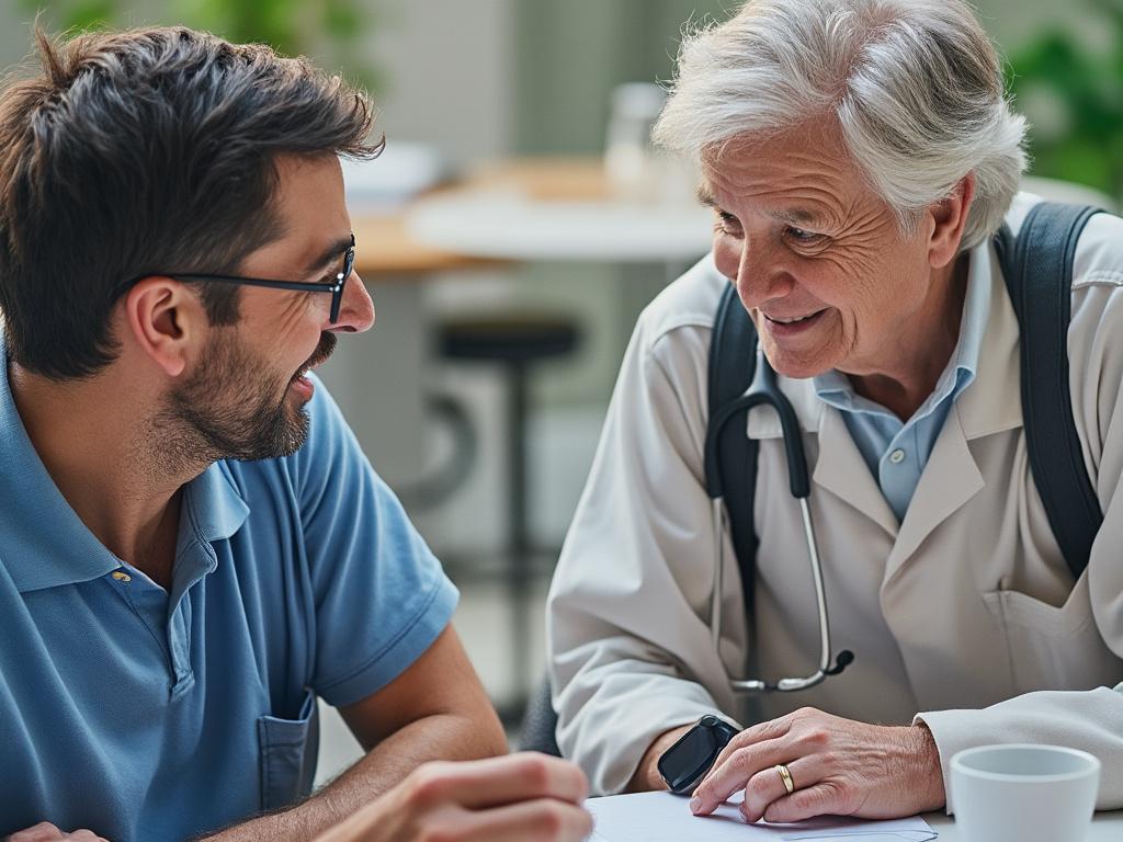Doctor smiling and conversing with a patient, both sitting at a table indoors.
