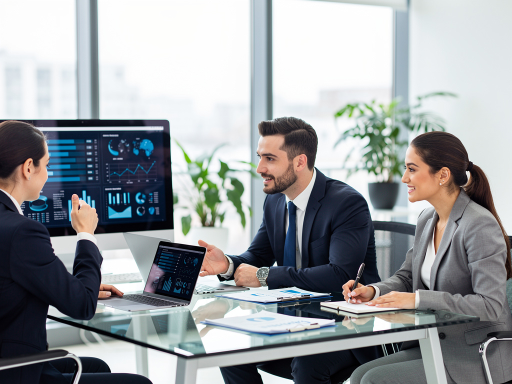 Equipo de negocios en reunión analizando gráficos financieros en pantallas de oficina moderna