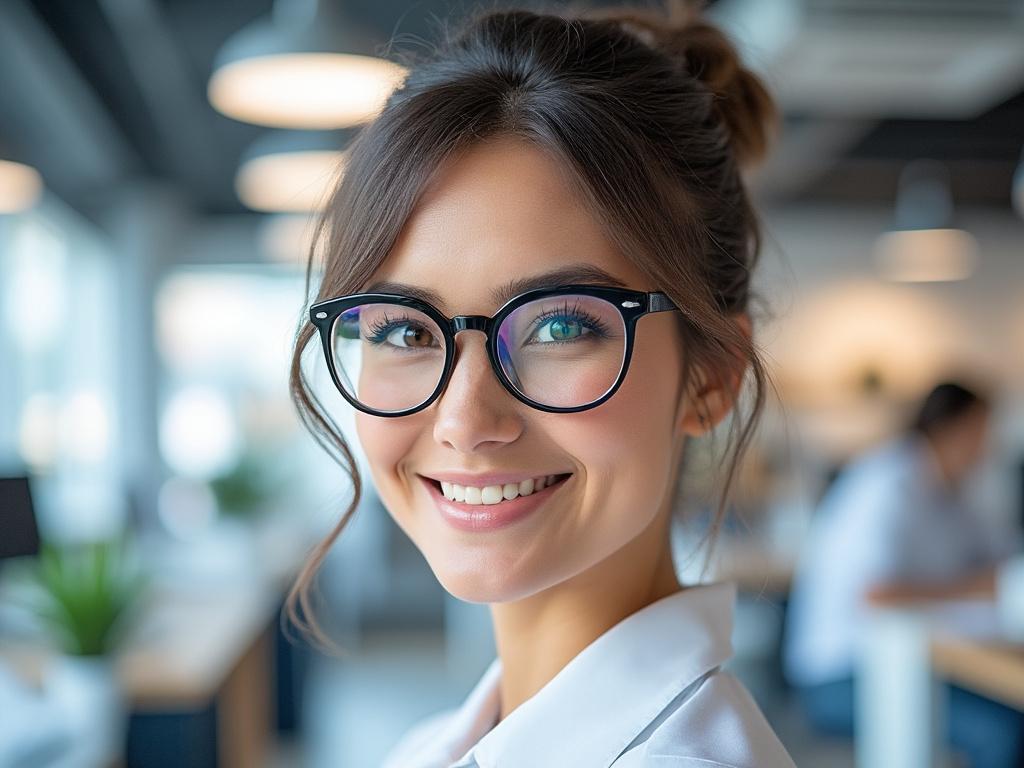 Smiling woman with glasses in modern office setting, ambient lighting.