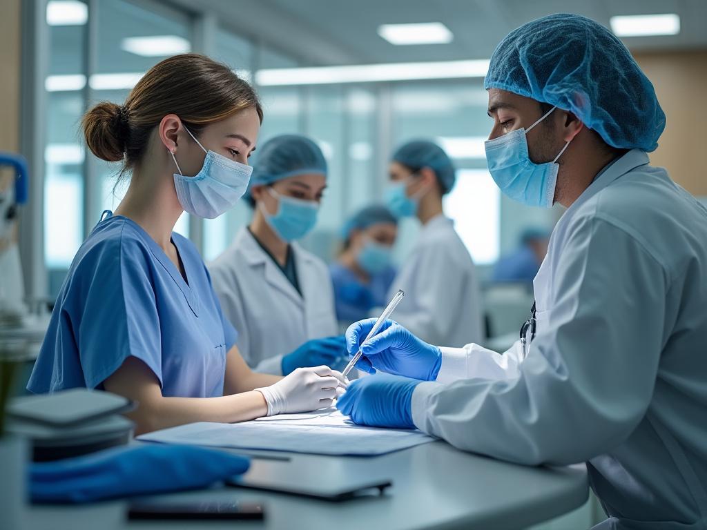 Healthcare professionals wearing masks and scrubs working collaboratively in a medical lab environment.