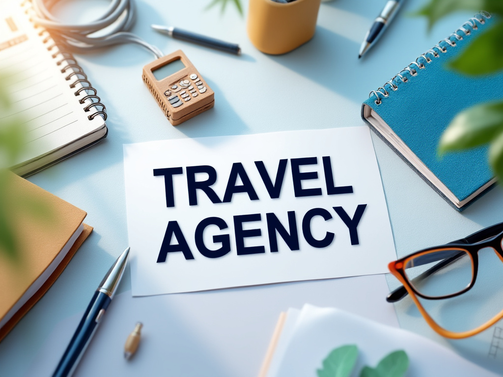 Mesa de oficina con cartel de 'Travel Agency', bolígrafos, cuadernos y gafas. Mesa de oficina con cartel de 'Travel Agency', bolígrafos, cuadernos y gafas.