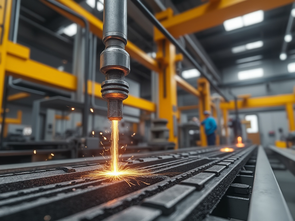 Proceso de soldadura automatizada en una fábrica moderna con chispas volando desde el equipo.